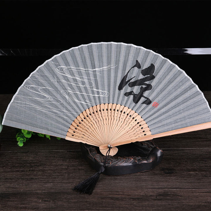 Buddha Stones Chinese Characters Golden Dragonfly Handheld Cotton Linen Bamboo Folding Fan 22cm