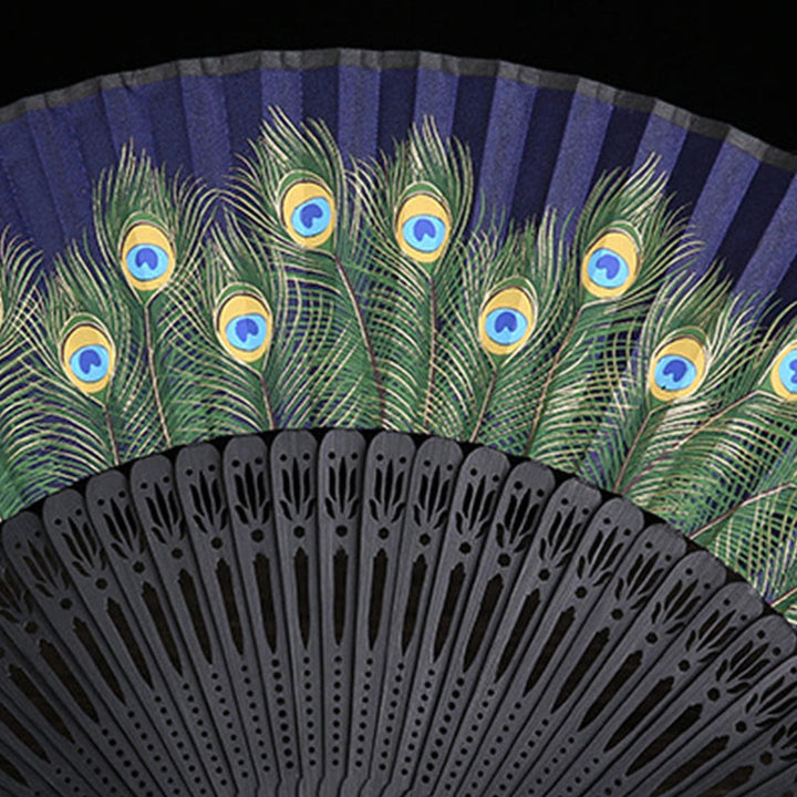 Buddha Stones Peacock Feather Handheld Bamboo Folding Fan 21.5cm