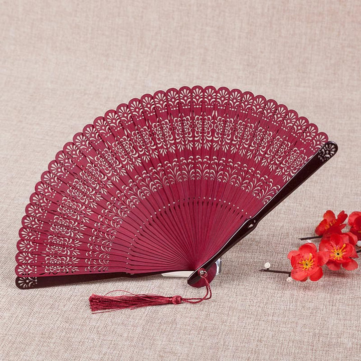 Buddha Stones Flower Engraved Hollow Handheld Bamboo Folding Fan 18cm