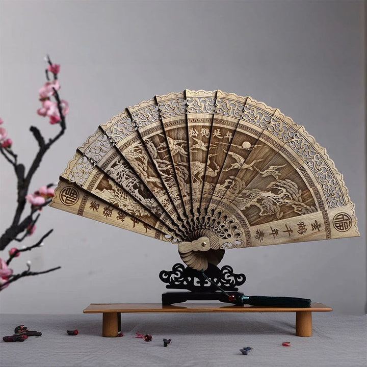 Buddha Stones Koi Fish Peony Bird Flower Engraved Hollow Handheld Phoebe Zhennan Wood Folding Fan 22cm