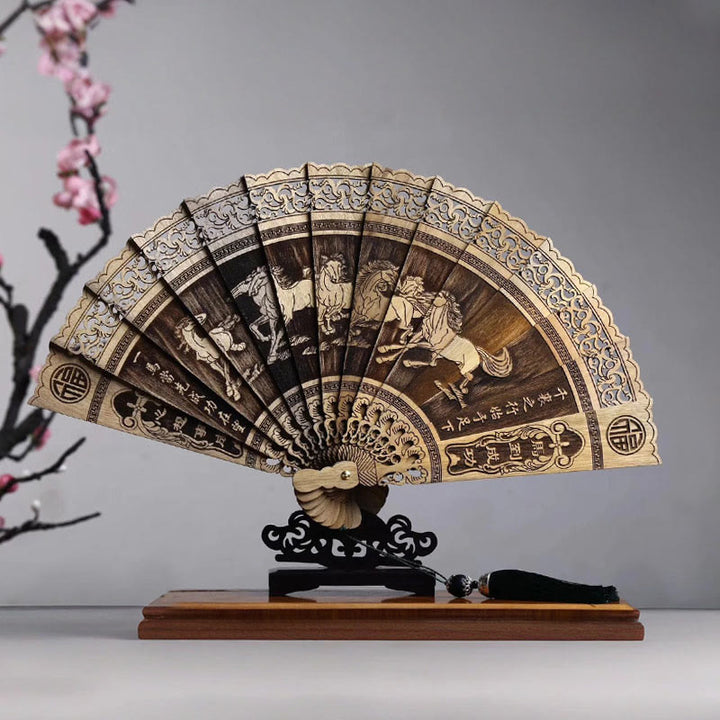 Buddha Stones Koi Fish Peony Bird Flower Engraved Hollow Handheld Phoebe Zhennan Wood Folding Fan 22cm