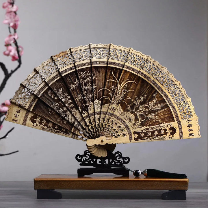 Buddha Stones Koi Fish Peony Bird Flower Engraved Hollow Handheld Phoebe Zhennan Wood Folding Fan 22cm