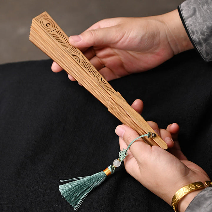 Buddha Stones Peacock Feather Carved Hollow Handheld Small Leaf Red Sandalwood Green Sandalwood Folding Fan 22.5cm