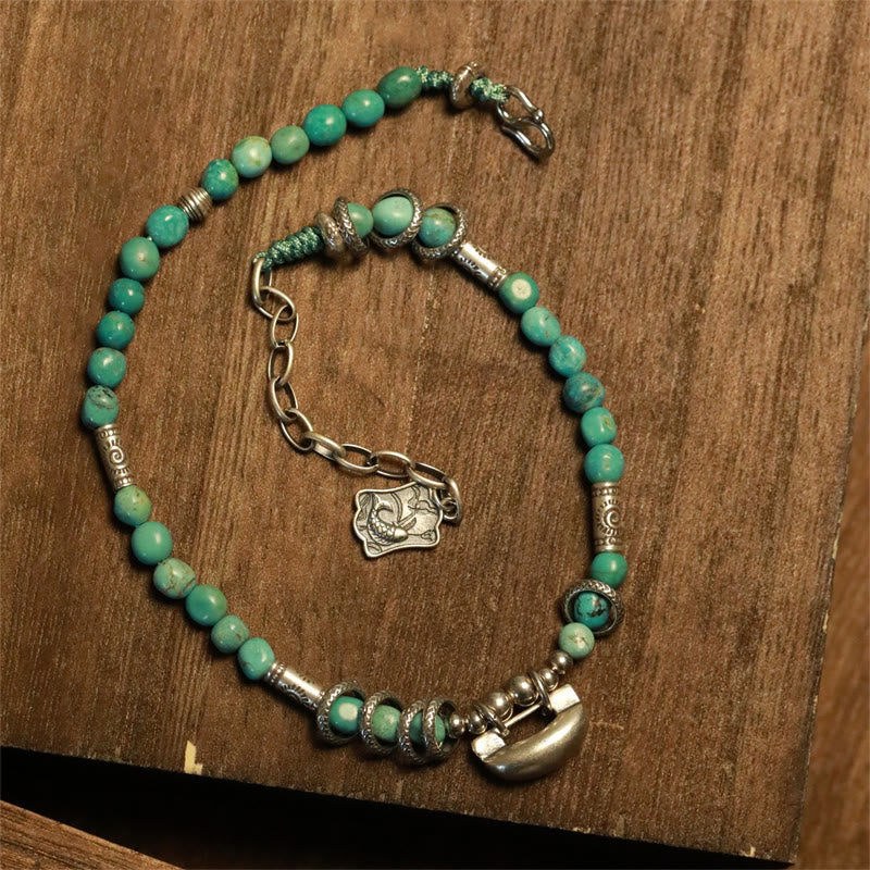 Buddha Stones 925 Sterling Silver Turquoise Small Beads Chinese Lock Charm Strength Anklet