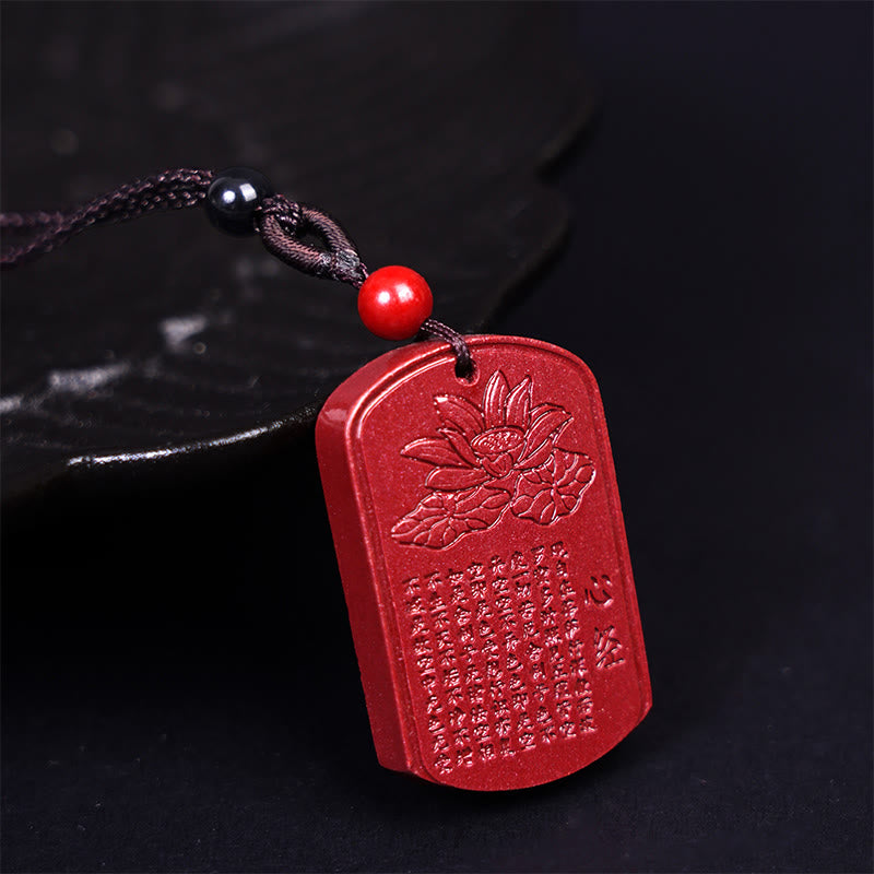 Buddha Stones Cinnabar Lotus Heart Sutra Engraved Blessing Rope Necklace Pendant