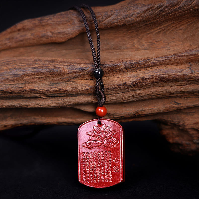 Buddha Stones Cinnabar Lotus Heart Sutra Engraved Blessing Rope Necklace Pendant