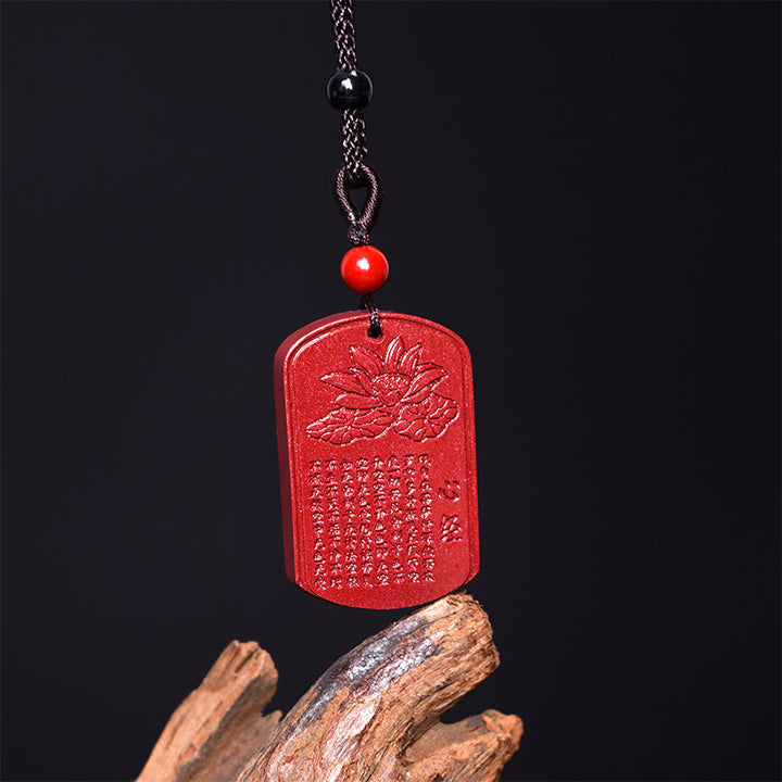 Buddha Stones Cinnabar Lotus Heart Sutra Engraved Blessing Rope Necklace Pendant