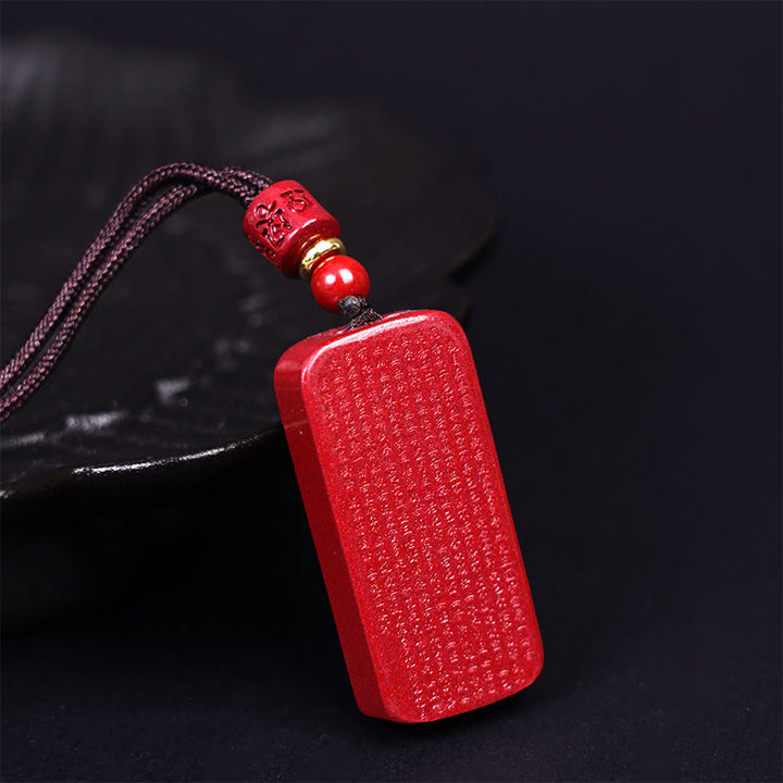 Buddha Stones Cinnabar Lotus Heart Sutra Engraved Blessing Rope Necklace Pendant