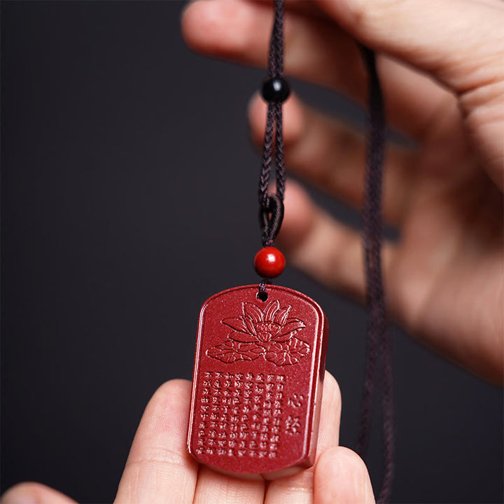 Buddha Stones Cinnabar Lotus Heart Sutra Engraved Blessing Rope Necklace Pendant