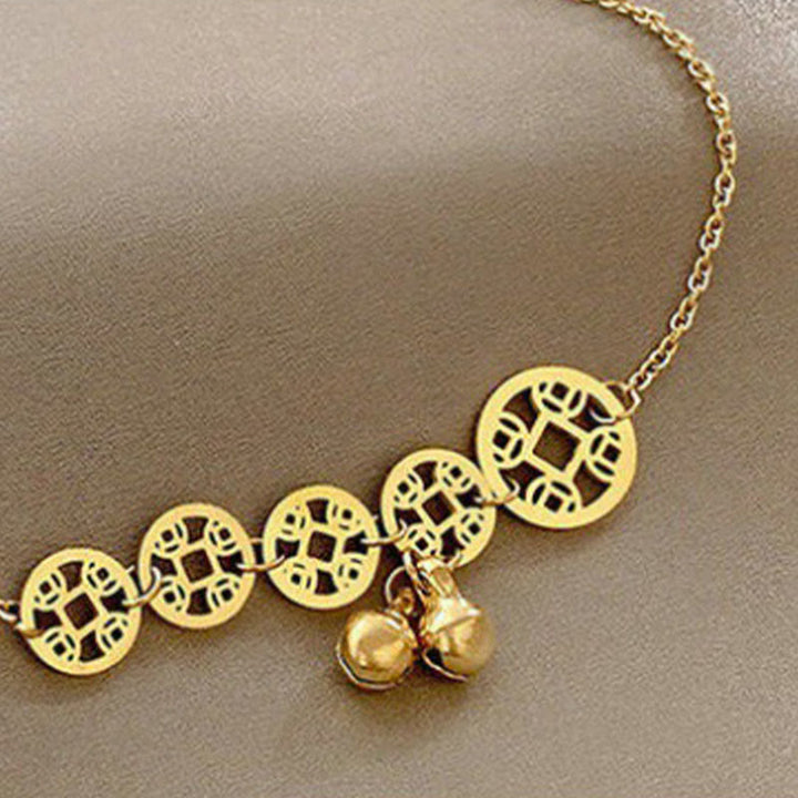 Buddha Stones Copper Coins Bell Charm Titanium Steel Strengthen Anklet