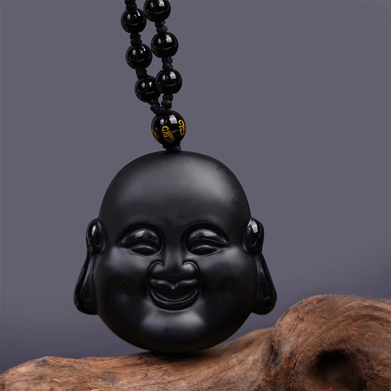 Buddha Stones Natural Black Obsidian Laughing Buddha Purification Necklace Pendant