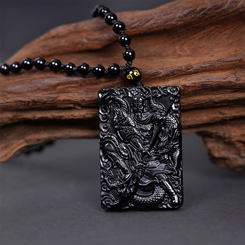 Buddha Stones Black Obsidian Guan Gong Amulet Engraved Strength Necklace Pendant