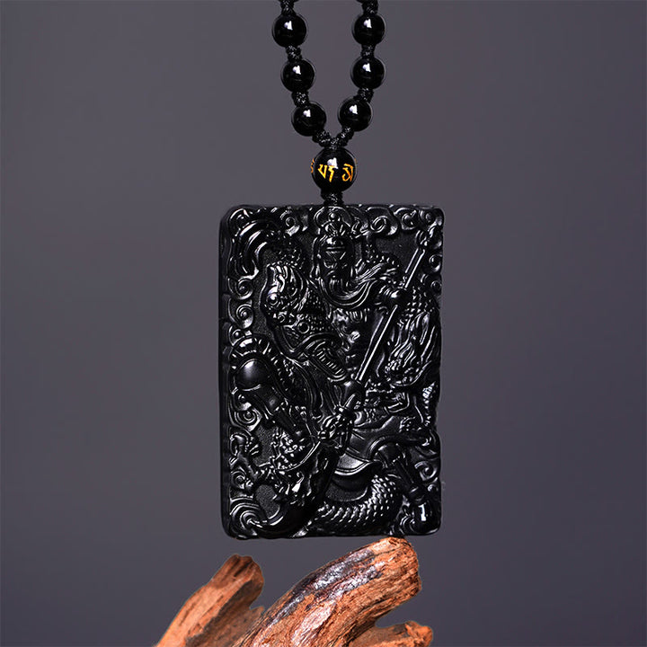 Buddha Stones Black Obsidian Guan Gong Amulet Engraved Strength Necklace Pendant