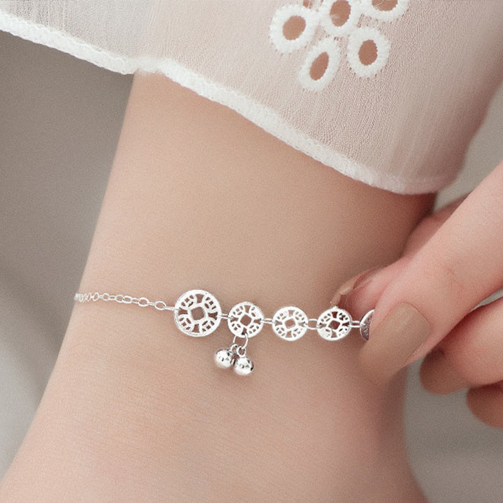 Buddha Stones 925 Sterling Silver Copper Coins Bells Protection Metal Anklet - image 9