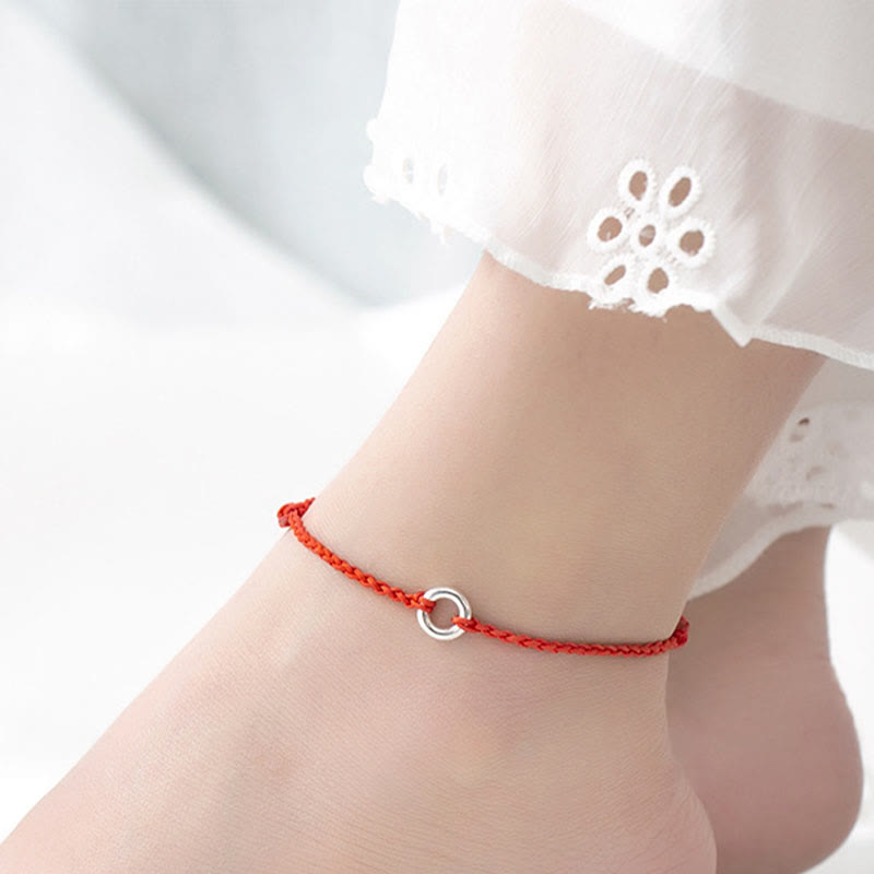Buddha Stones 925 Sterling Silver Peace Buckle Luck String Braid Rope Anklet - Red Anklet(Circumference 30cm) - image 0