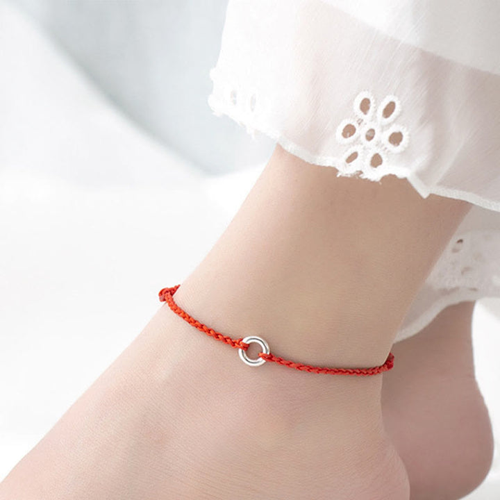 Buddha Stones 925 Sterling Silver Peace Buckle Luck String Braid Rope Anklet - Red Anklet(Circumference 30cm) - image 0