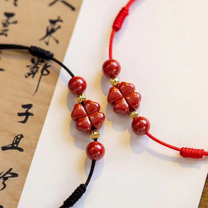 Buddha Stones Cinnabar Four Leaf Clover Blessing String Rope Anklet