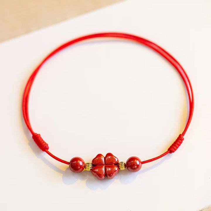 Buddha Stones Cinnabar Four Leaf Clover Blessing String Rope Anklet