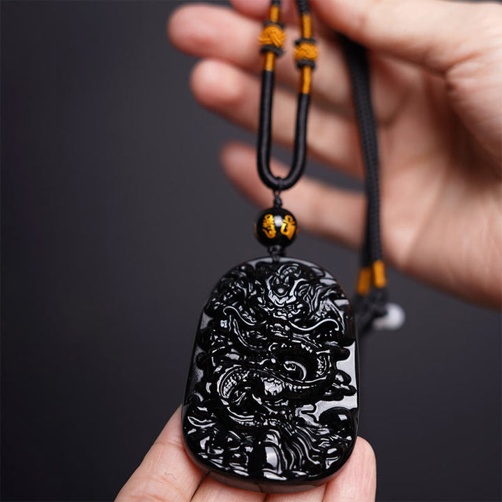 Buddha Stones Black Obsidian Dragon Carved Luck Protection Necklace Pendant