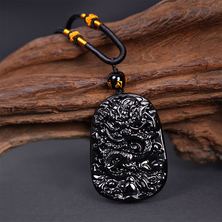 Buddha Stones Black Obsidian Dragon Carved Luck Protection Necklace Pendant