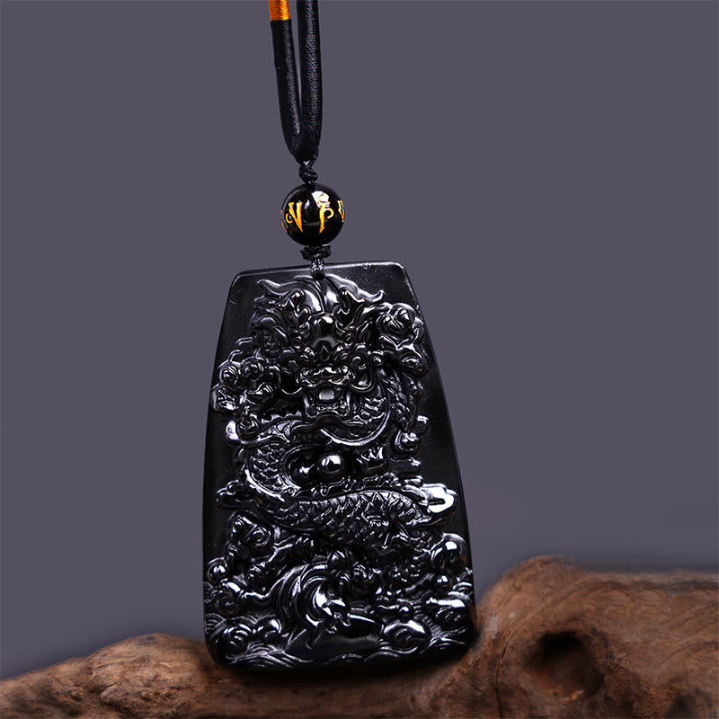 Buddha Stones Black Obsidian Dragon Carved Luck Protection Necklace Pendant