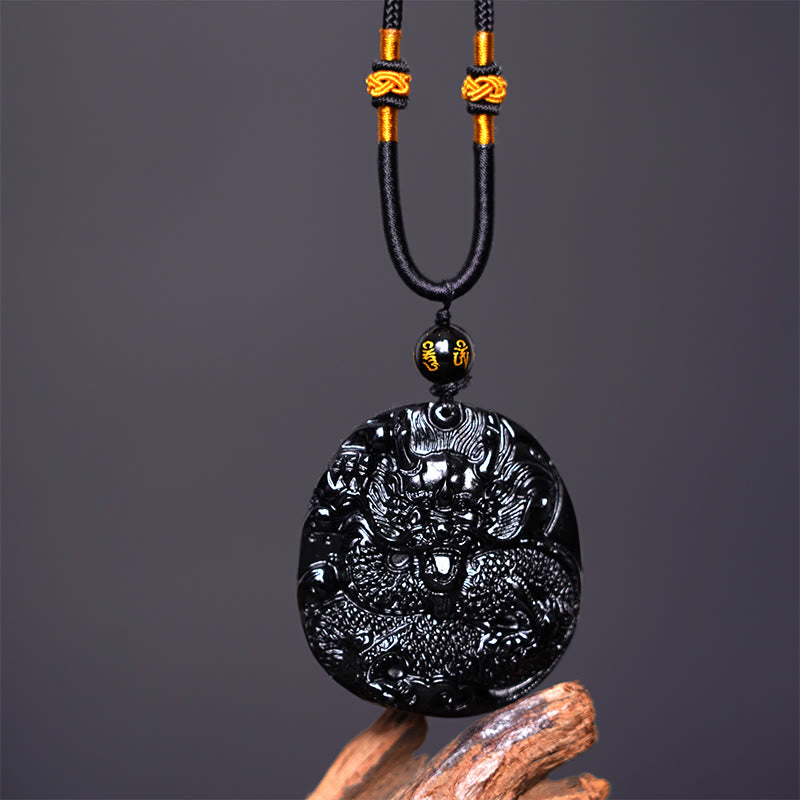 Buddha Stones Natural Black Obsidian Round Dragon Carved Protection Necklace Pendant