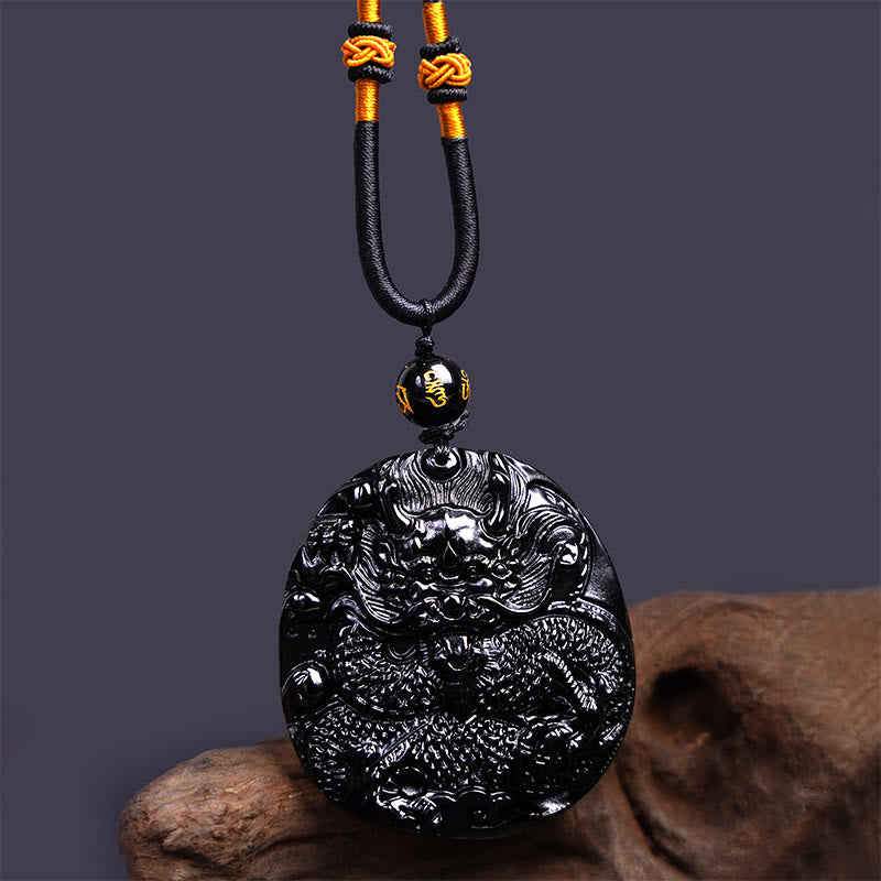 Buddha Stones Natural Black Obsidian Round Dragon Carved Protection Necklace Pendant