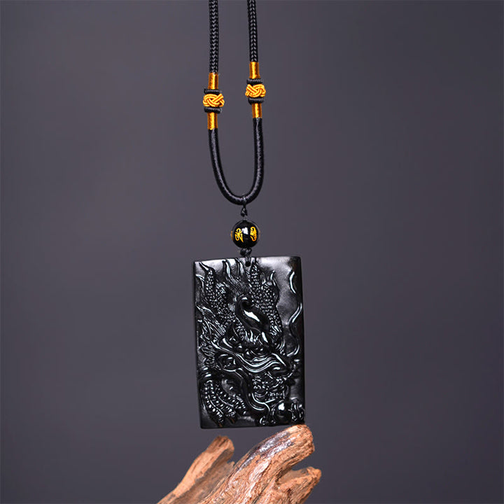 Buddha Stones Natural Black Obsidian Rectangular Dragon Engraved Success Necklace Pendant