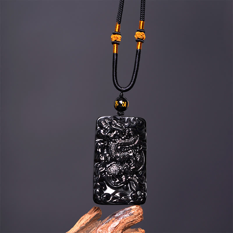 Buddha Stones Natural Black Obsidian Rectangular Dragon Engraved Success Necklace Pendant