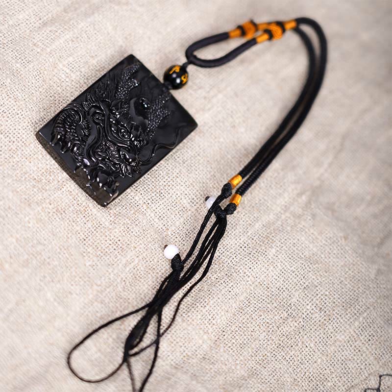 Buddha Stones Natural Black Obsidian Rectangular Dragon Engraved Success Necklace Pendant