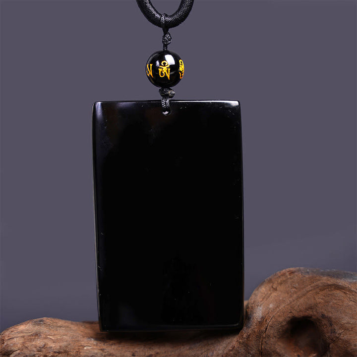 Buddha Stones Natural Black Obsidian Rectangular Dragon Engraved Success Necklace Pendant