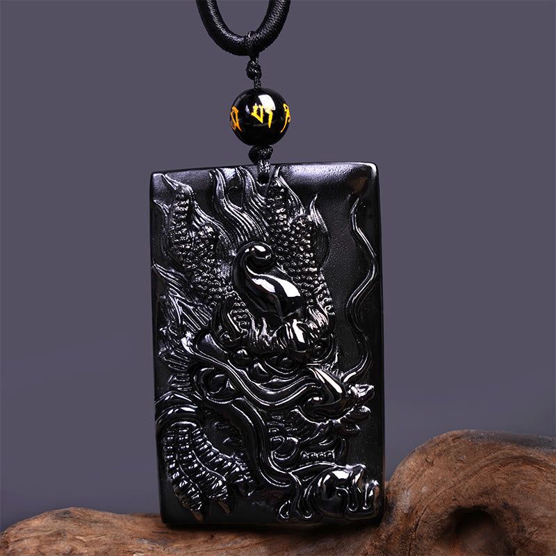 Buddha Stones Natural Black Obsidian Rectangular Dragon Engraved Success Necklace Pendant