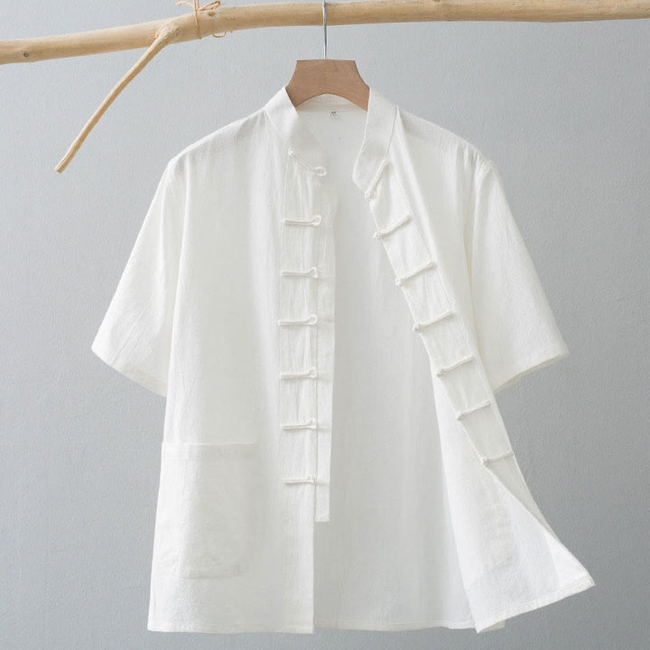 Buddha Stones Chinese Frog-Button Tang Suit Men's Short Sleeve Shirt Cotton Linen Clothing With Pockets - White - US/UK/AU44，EU54 (4XL) - image 1