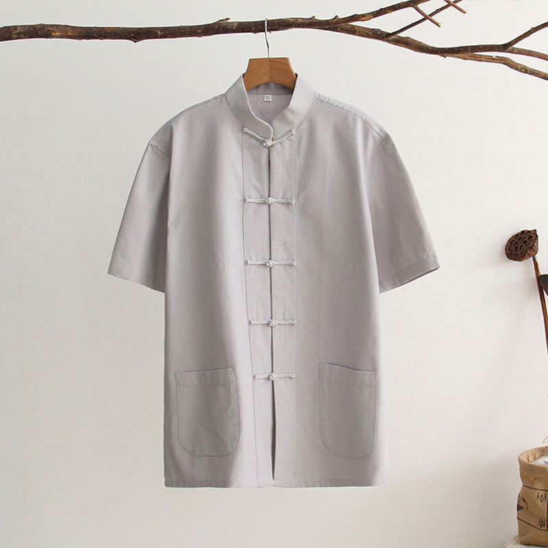 Buddha Stones Chinese Frog-Button Tang Suit Men's Short Sleeve Cotton Shirt With Pockets - LightGrey - US/UK/AU44，EU54 (4XL) - image 9