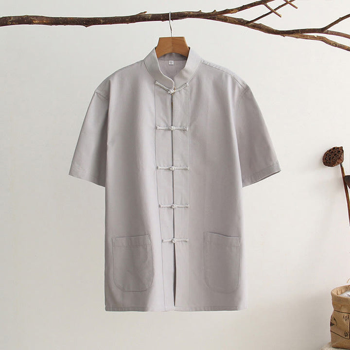 Buddha Stones Chinese Frog-Button Tang Suit Men's Short Sleeve Cotton Shirt With Pockets - LightGrey - US/UK/AU44，EU54 (4XL) - image 9