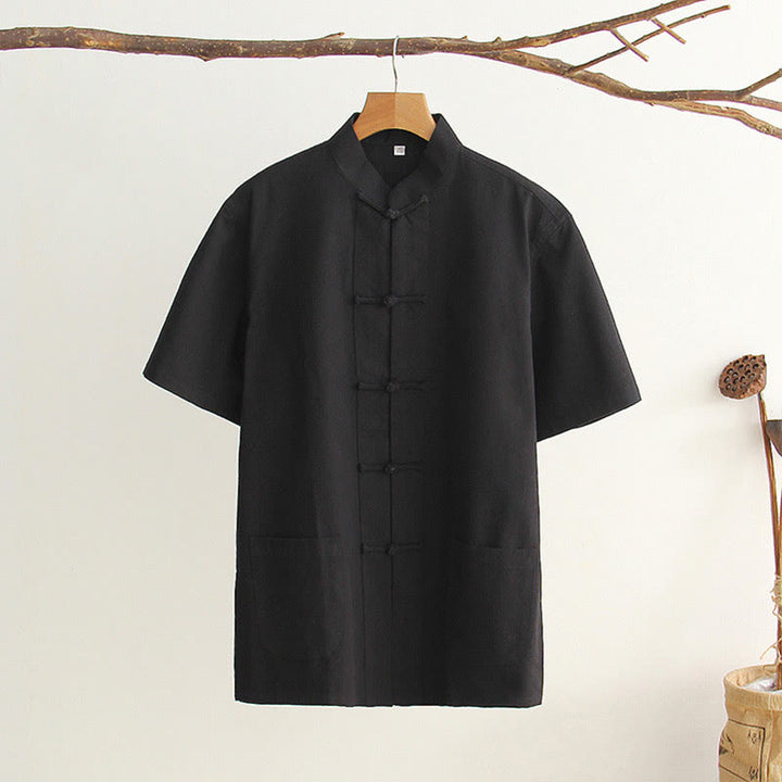 Buddha Stones Chinese Frog-Button Tang Suit Men's Short Sleeve Cotton Shirt With Pockets - Black - US/UK/AU44，EU54 (4XL) - image 18