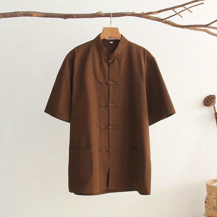 Buddha Stones Chinese Frog-Button Tang Suit Men's Short Sleeve Cotton Shirt With Pockets - SaddleBrown - US/UK/AU44，EU54 (4XL) - image 22