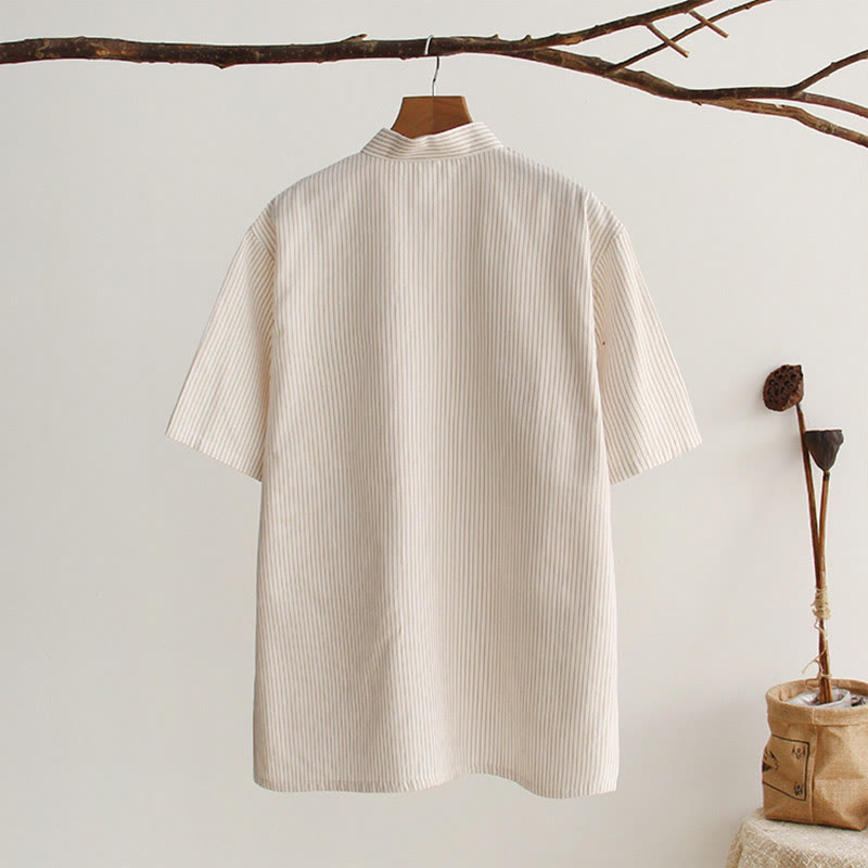 Buddha Stones Chinese Frog-Button Tang Suit Men's Short Sleeve Cotton Shirt With Pockets - image 21