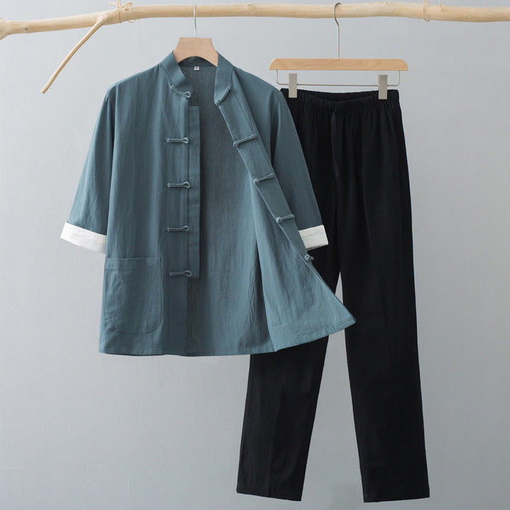 Buddha Stones Traditional Frog-Button Tang Suit Cotton Half Sleeve Top Pants Clothing Men's Set - Green Top&Black Pants - US/UK/AU44，EU54 (4XL)  - image 0