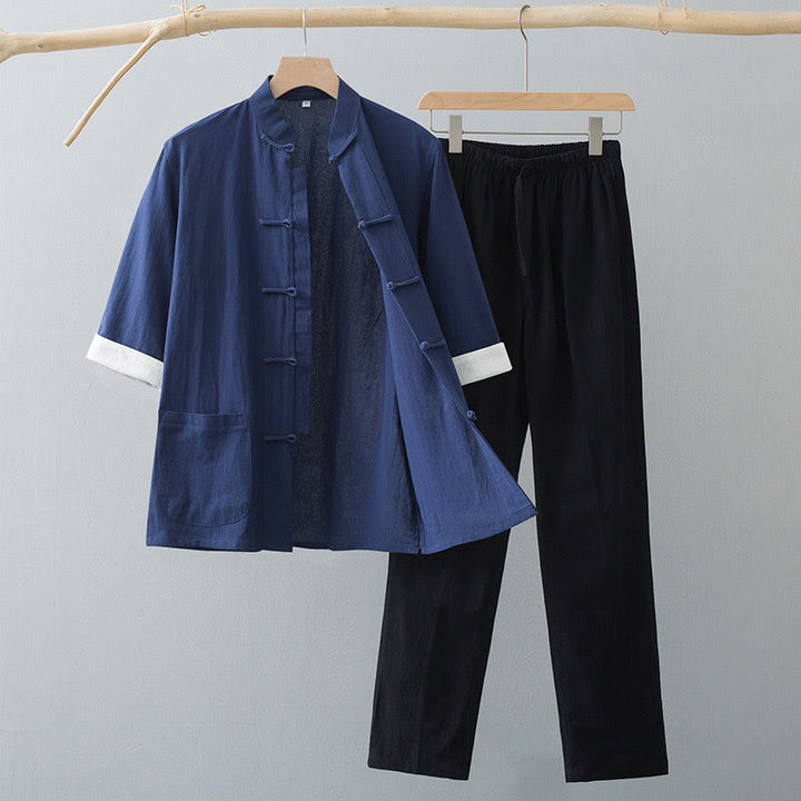 Buddha Stones Traditional Frog-Button Tang Suit Cotton Half Sleeve Top Pants Clothing Men's Set - Navy Blue Top&Black Pants - US/UK/AU44，EU54 (4XL)  - image 8