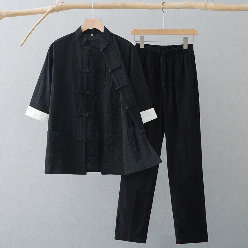 Buddha Stones Traditional Frog-Button Tang Suit Cotton Half Sleeve Top Pants Clothing Men's Set - Black Top&Black Pants - US/UK/AU44，EU54 (4XL)  - image 9