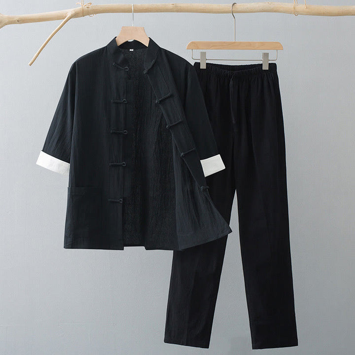 Buddha Stones Traditional Frog-Button Tang Suit Cotton Half Sleeve Top Pants Clothing Men's Set - Black Top&Black Pants - US/UK/AU44，EU54 (4XL)  - image 9