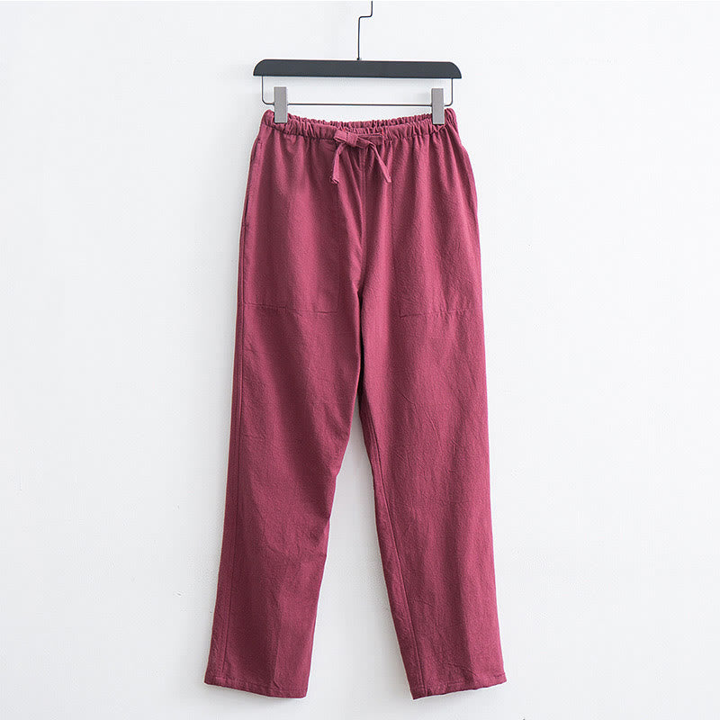Buddha Stones Men's Solid Color Cotton Linen Casual Drawstring Pants With Pockets - LightCoral - US/UK/AU44，EU54 (4XL)  - image 10