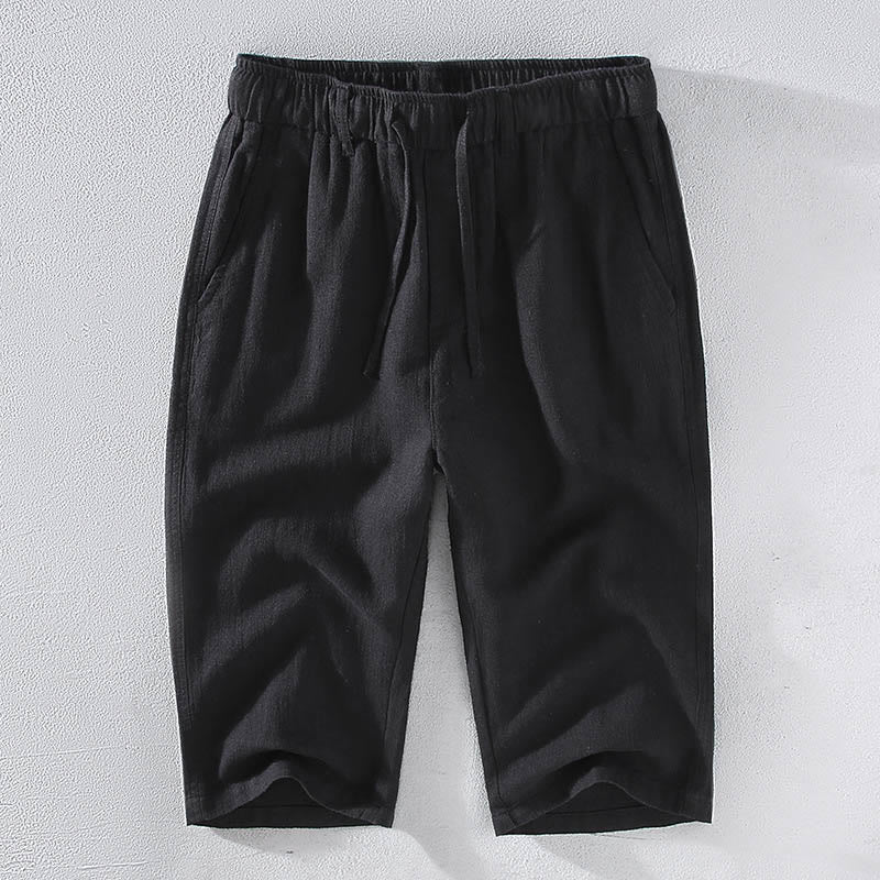 Buddha Stones Men's Solid Color Ramie Linen Drawstring Cropped Pants With Pockets - Black - US/UK/AU42，EU52 (3XL)  - image 10