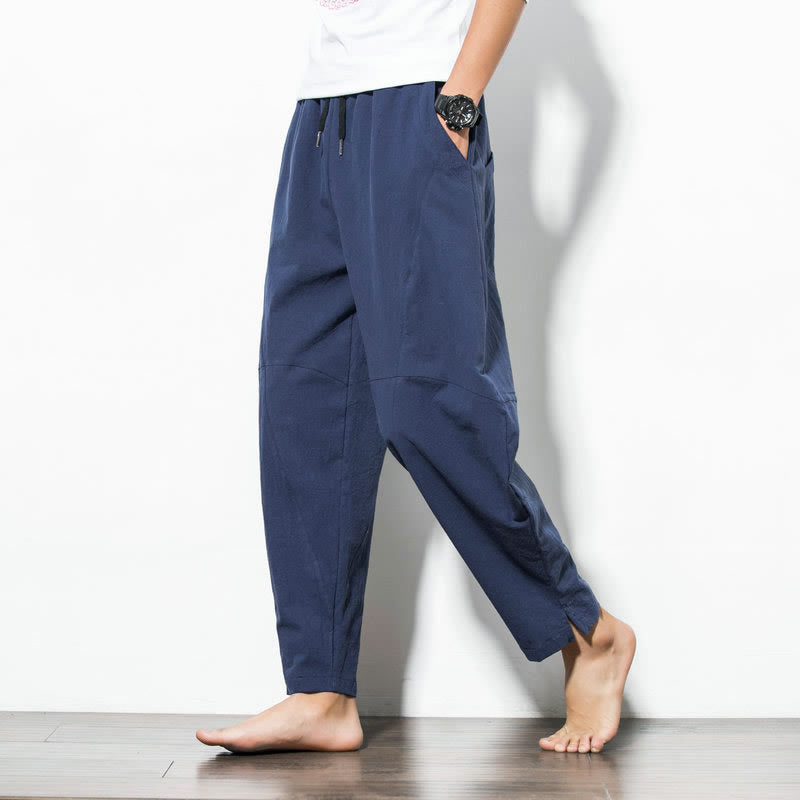Buddha Stones Casual Men's Solid Color Cotton Drawstring Pants With Pockets - SteelBlue - US/UK/AU50，EU60 (5XL) - image 11
