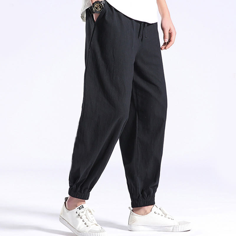 Buddha Stones Solid Color Cotton Linen Casual Men's Harem Pants With Pockets - Black - US/UK/AU44，EU54 (4XL) - image 0