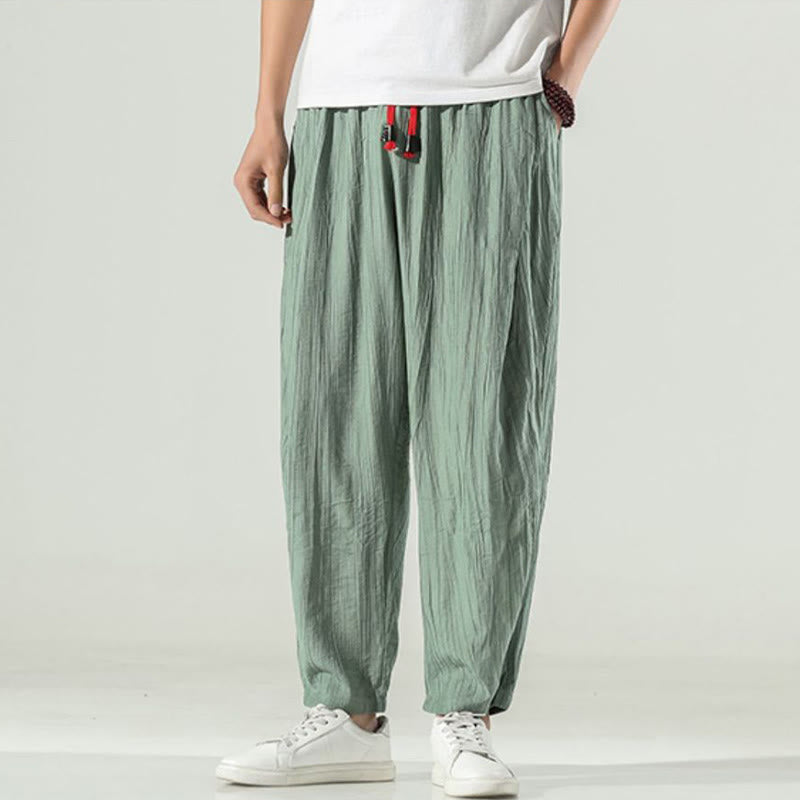 Buddha Stones Cotton Linen Men's Drawstring Harem Pants With Pockets