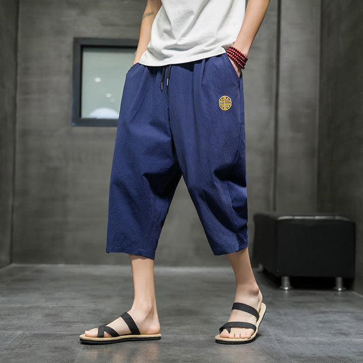Buddha Stones Summer Men's Linen Drawstring Cropped Pants With Pockets - SteelBlue - US/UK/AU44，EU54 (5XL) - image 0