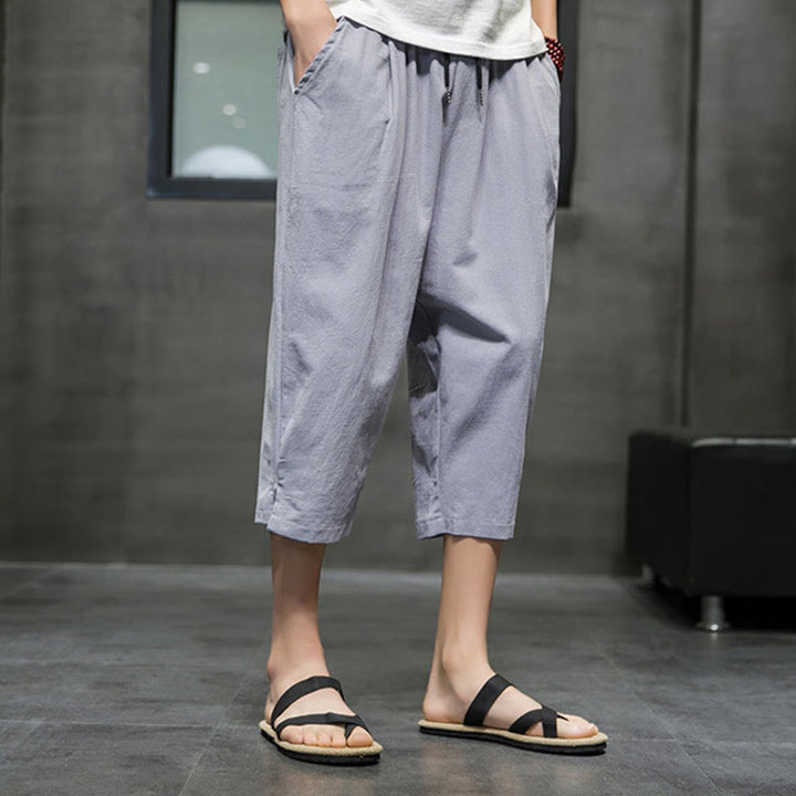 Buddha Stones Summer Men's Linen Drawstring Cropped Pants With Pockets - image 18