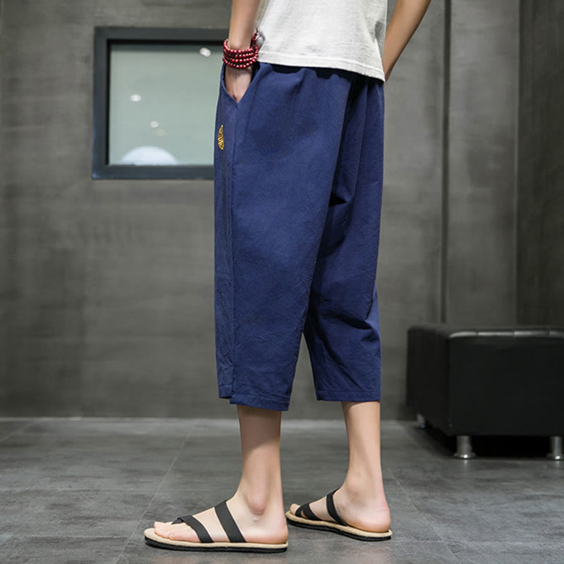 Buddha Stones Summer Men's Linen Drawstring Cropped Pants With Pockets - image 2
